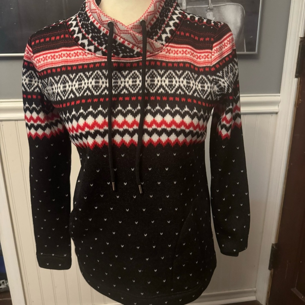 Talbots Petites Geometric Fair Isle Fleece Mock Neck Pullover Pockets